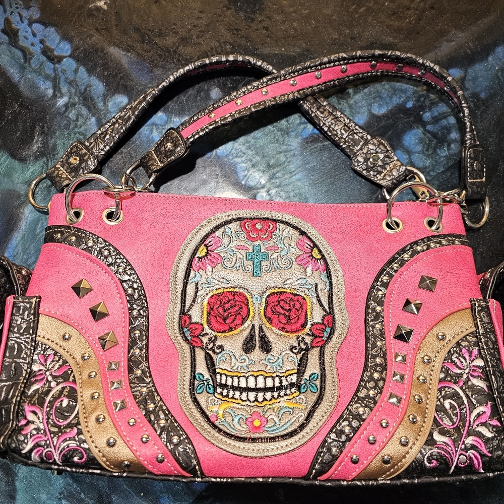 Bright Pink Purse With Embroiderd Skull